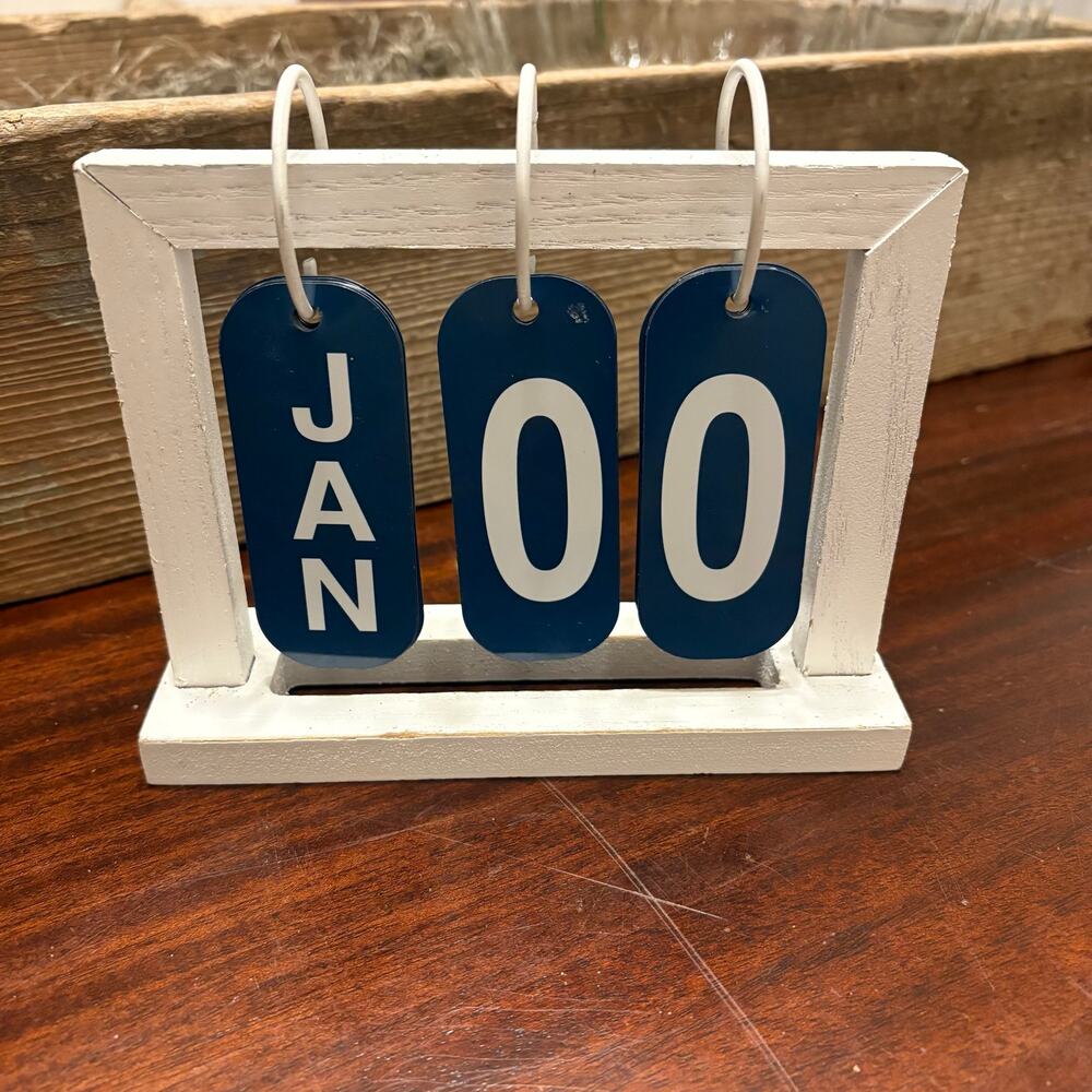 Farmhouse Wooden Perpetual Desk Calendar Flip Desktop Countertop Sign Blue White